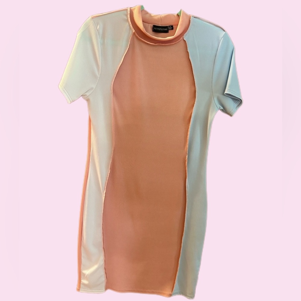 Pretty LittleThing PLT Pink/blue/white color block mini bodycon dress sz 14 (XL)